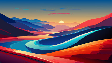 Colorful Abstract Landscape Sunrise Backgrounds – Winding River & Sunset Scenery