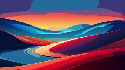 Colorful Abstract Landscape Sunrise Backgrounds – Winding River & Sunset Scenery