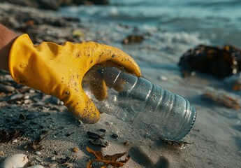 A Beach Clean-Up Effort: An Individual in a Yellow Glove Removing Plastic Waste from the Shoreline to Preserve Oceanic Health and Marine Life