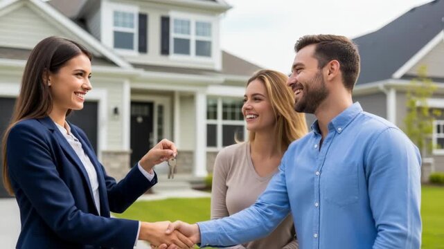 A real estate agent shakes a happy buyer's hand and gives keys to a couple in front of their new home, symbolizing a successful deal, homeownership, and a new beginning