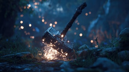 Magical hammer in dark forest