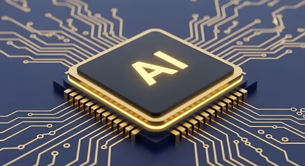 A highly detailed close-up illustration of an advanced AI chip integrated into a futuristic circuit board. The design highlights the fine connections of electronic pathways