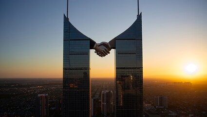 Twin skyscrapers handshake against golden sunset sky over cityscape architecture business