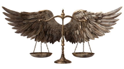 Wings attached to a balance scale, divine justice concept, isolated on white background