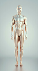 Male anatomical figure, rendered in metallic finish, stands upright on a smooth surface, showcasing human form and proportions, ideal for educational and artistic purposes