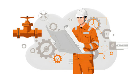 Engineer reads blueprint near pipeline and gears