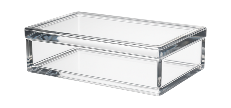 Acrylic closed tray with a transparent lid for showcasing collectibles in a living room cabinet.