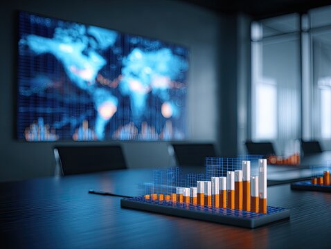 Modern business meeting room with data projections
