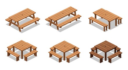 Isometric vector illustrations of wooden picnic tables and benches