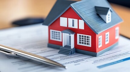 Miniature red house on paperwork with pen