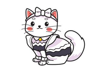 Charming cat maid character wearing a frilly dress and apron with a playful expression. Service theme concept
