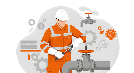 Worker adjusts valve with wrench