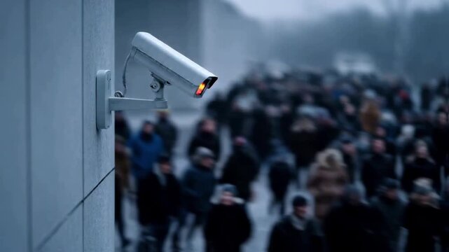 A surveillance camera monitors a blurred crowd of people in a public space, representing concepts of security, cctv monitoring, social control, and privacy concerns in modern society