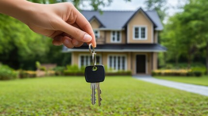 Hand holding house keys in front of a home