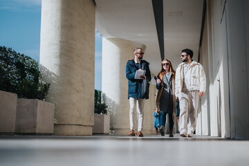 Three young people are walking together outside an office building, enjoying a casual conversation...