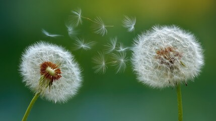 Obraz premium Two dandelion puffs in flight against a soft green background.