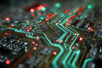 Neon lights highlight intricate pathways on a circuit board