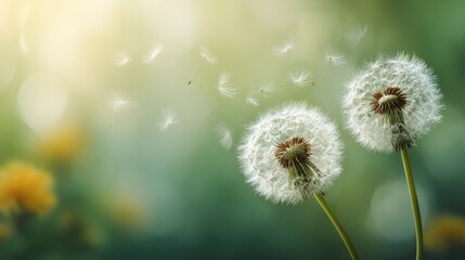 Obraz premium Two dandelion seed heads in a garden setting.