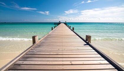 Obraz premium Long wooden pier reaches into blue sea