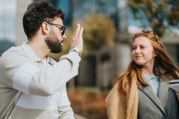 A young man and woman are seen engaged in an interaction outdoors on a sunny day, with a...