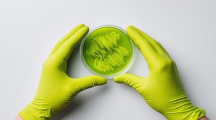 Streaking a Petri Dish, A minimalist, flat graphic top-down view of hands in green gloves streaking a culture on a petri dish, The dish shows a simple, clean colony pattern. on gray background.