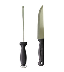 Single silver kitchen knife and one sharpening steel or honing steel with black handles isolated on white background with clipping path