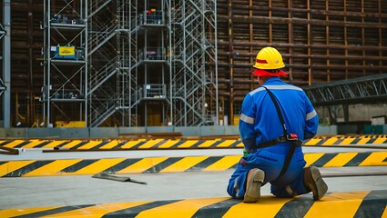 Worker in blue jumpsuit yellow hard hat observing construction safety
