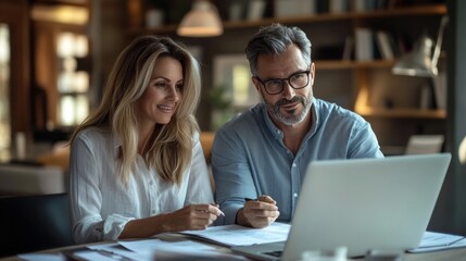 The modern couple works at a laptop in the office, useful for business partnership and collaboration articles.