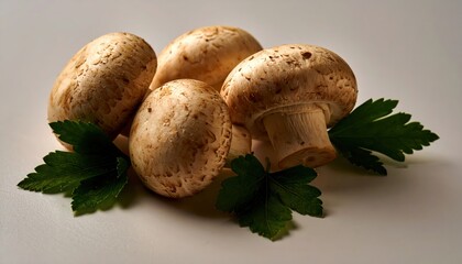 Close-up shot of fresh mushrooms, arranged with parsley