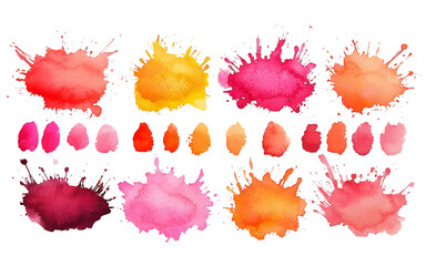 A vivid array of watercolor paint splatters and swatches in warm tones, ideal for artistic backgrounds and creative design elements