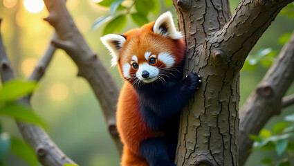 Red Panda Climbing Tree in Forest with Soft Sunlight, 4K Cute Wildlife Scene