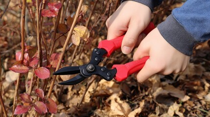 Close-up view of hands using red pruners to trim rose bushes surrounded by dry leaves in a forest during autumn