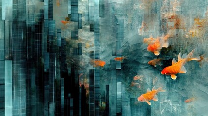 Abstract digital art; koi fish swim amidst a city skyline,  blurred and pixelated, in teal and orange tones