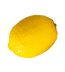 Side view of single fresh ripe yellow lemon fruit with water droplets isolated clipping path in png file format