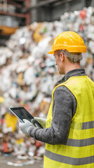 Obraz premium Close-up vertical view of engineer holding tablet, reviewing smart recycling system at waste plant, safety gloves and helmet visible, advanced technology context