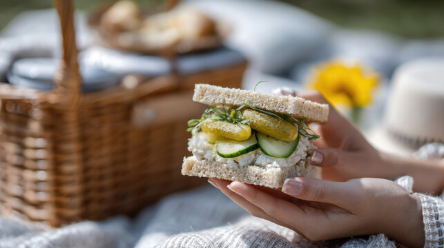 Close-up of picnic sandwich with pickles and cucumber in wicker basket setting. National Sandwich Month. German Sandwich Day - Powered by Adobe