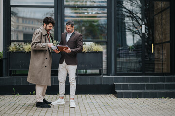 Two men stand outdoors engaging in a conversation while examining documents, surrounded by a modern...