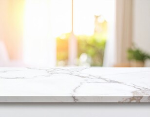 a close-up view of a pristine marble countertop with soft, natural light streaming through a window in the background