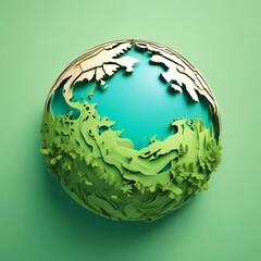 Illustration of  Paper-cut style Earth globe placed on a flat green background, top-down view, eco-friendly concept, clean and minimal.