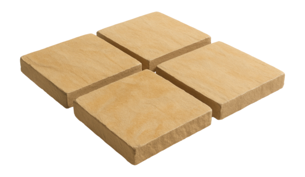 Large square sandstone pavers, perfect for a sturdy walkway leading from the patio to the flowerbeds.