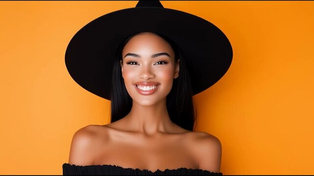 young woman wearing black witch's hat for halloween starting to smile