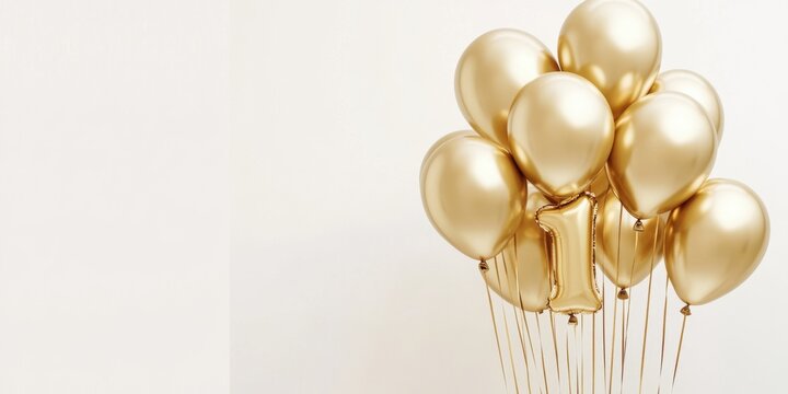 Golden balloons with number one celebrating first birthday or anniversary on white background