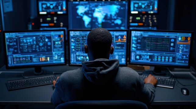 Person working in a dark control room - Powered by Adobe