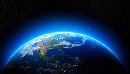 Obraz premium Curved Earth from high orbit, bright glowing blue atmosphere ring, visible cloud swirl