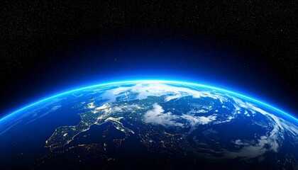 Obraz premium Curved Earth from high orbit, bright glowing blue atmosphere ring, visible cloud swirl