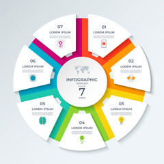 Infographic circle divided into 7 steps. Vector cycle diagram with 7 parts, options. Round chart that can be used for report, business analytics, data visualization, presentation, educational content.