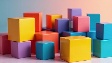 A composition of multi-colored cubes arranged in various configurations. The cubes have bright, saturated colors such as yellow, orange, pink, purple and blue. They are placed on a light background, c