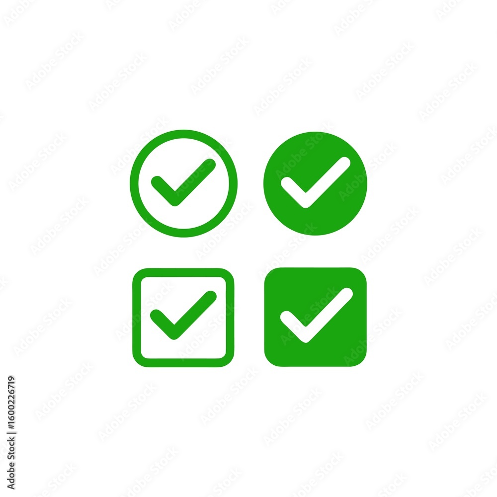 Poster four variations of a green check mark symbol in different shapes and styles suggesting confirmation