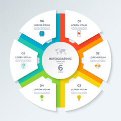 Fototapeta premium Infographic circle divided into 6 steps. Vector cycle diagram with 6 parts, options. Round chart that can be used for report, business analytics, data visualization, presentation, educational content.