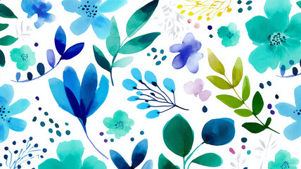 繊細なタッチで描かれた透明感あふれるボタニカルパターンの花模様壁紙｜ナチュラルな雰囲気と優しい色合いが魅力の背景素材｜植物、草花、インテリア、壁紙、包装紙、テキスタイルに使える万能イメージ